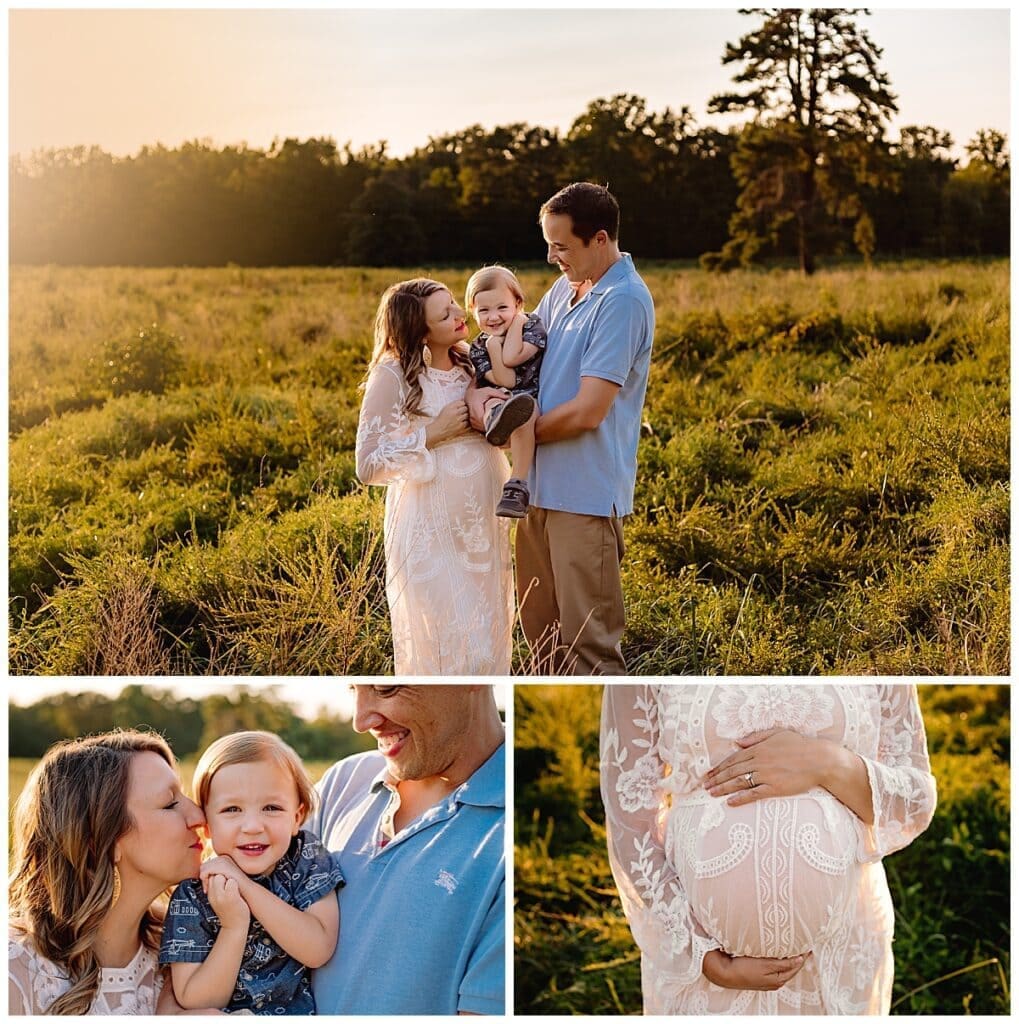 Collage of mom and dad holding son in field during a maternity photo session