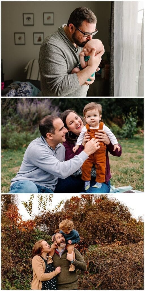 Collage of images of dad holding or playing with their children during a family photo session
