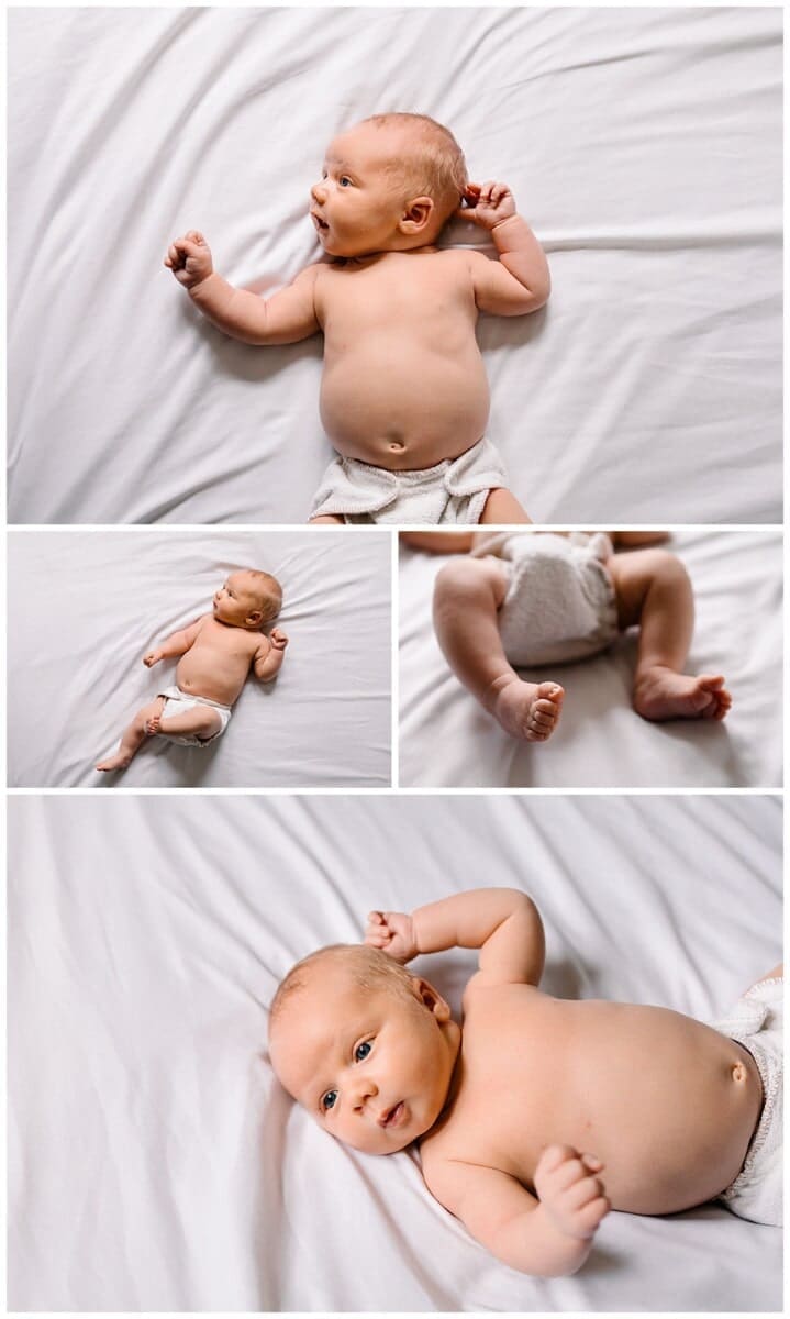 Collage of a newborn baby on a bed with a white sheet.