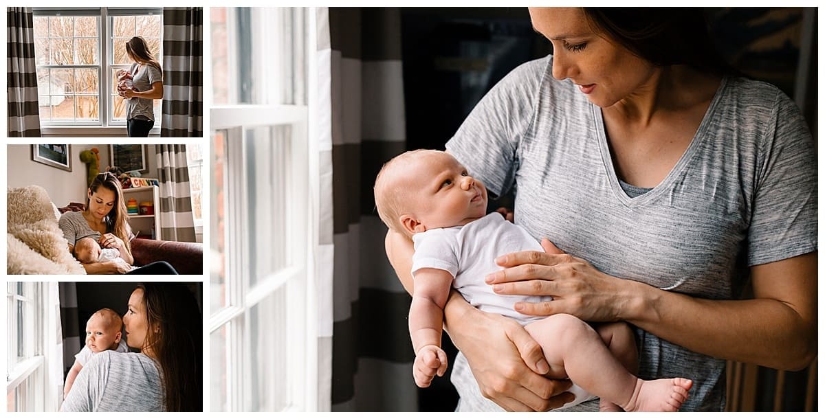 Collage of mother holding newborn baby in nursery.