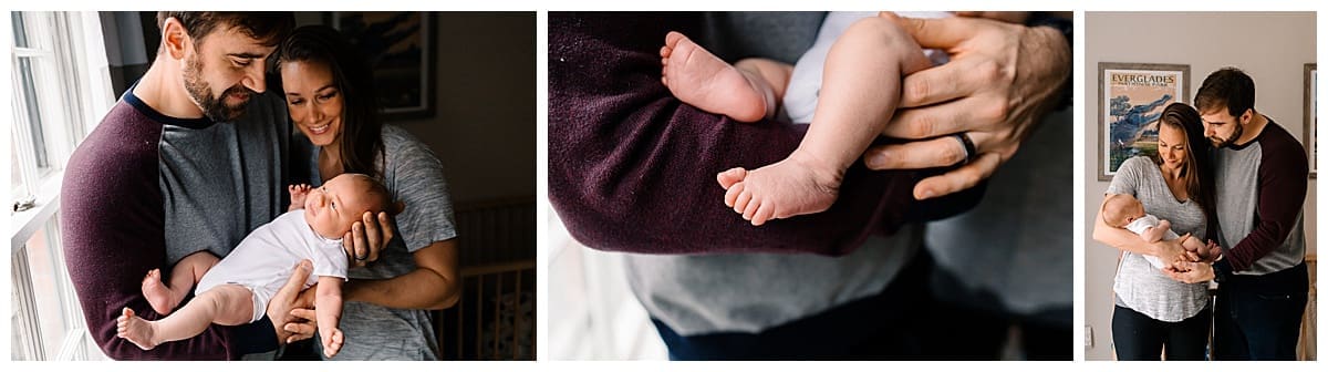 Collage of mom and dad holding newborn baby and smiling.