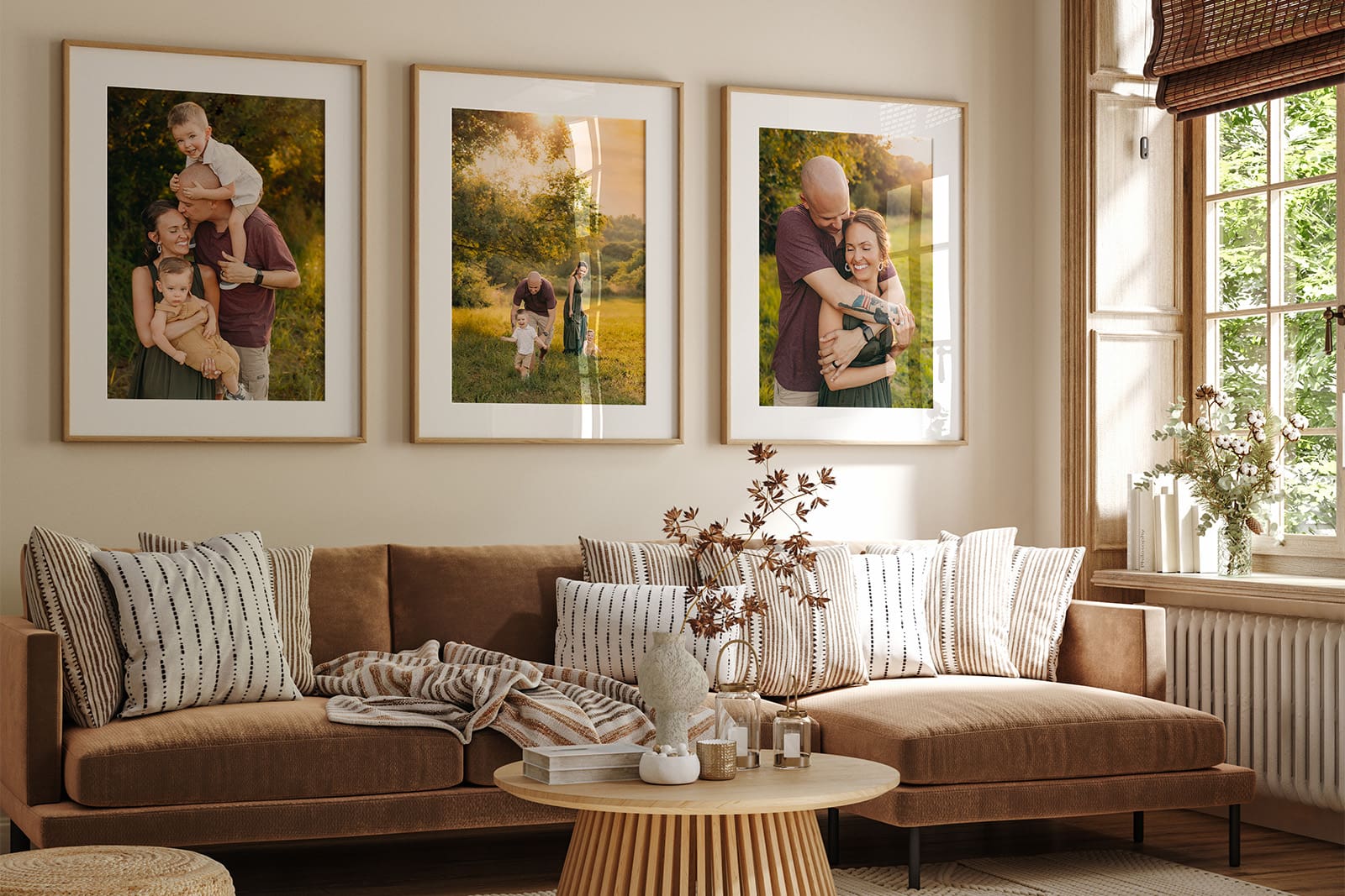 Living room with 3 prints from a family photo session on display.