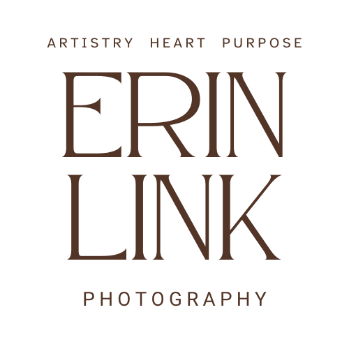 A square wordmark reading “ERIN LINK” in tall serif letters, with “ARTISTRY HEART PURPOSE” in small caps above and “PHOTOGRAPHY” below.