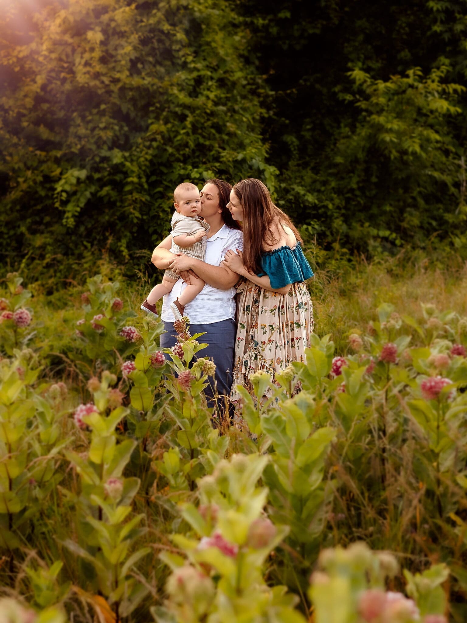 Outdoor family photos in a wildflower field in Maryland, golden afternoon light